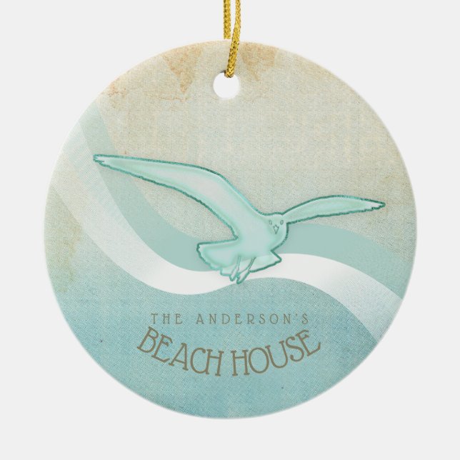 Beach House Seagull Aqua Blue ID623 Ceramic Ornament (Front)