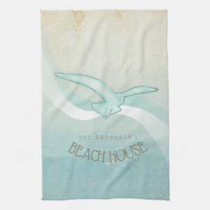 Beach House Seagull Aqua Blue ID623 Tea Towel