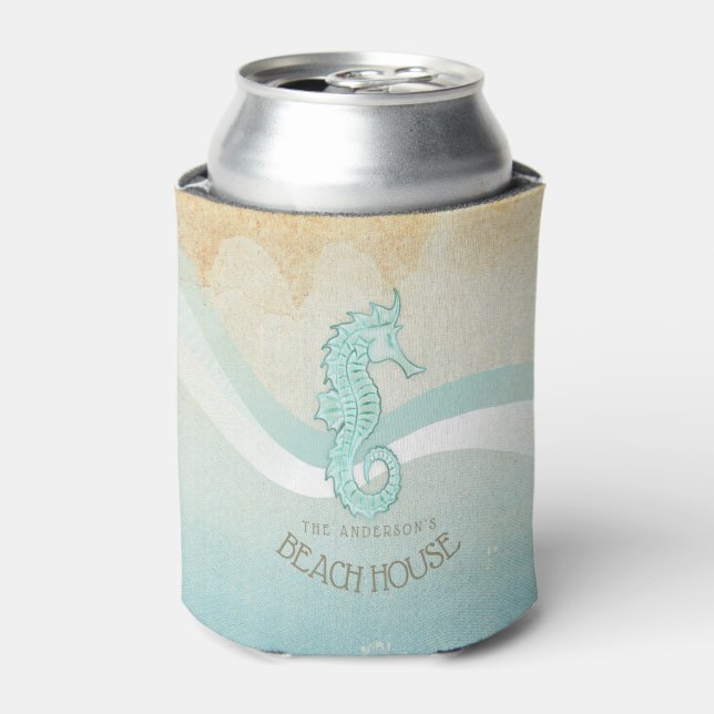 Beach House Seahorse Aqua Blue ID623 Can Cooler (Can Front)