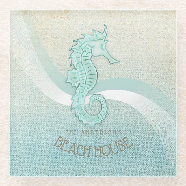 Beach House Seahorse Aqua Blue ID623 Glass Coaster (Front)