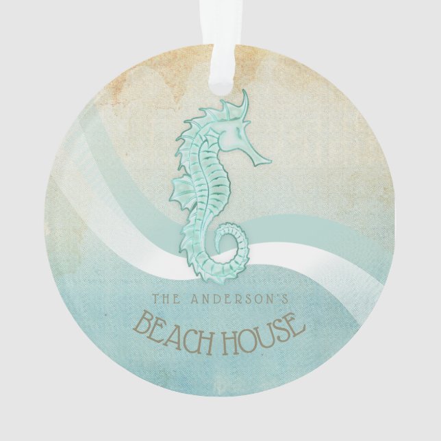Beach House Seahorse Aqua Blue ID623 Ornament (Back)