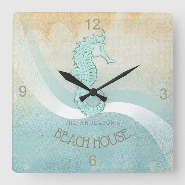 Beach House Seahorse Aqua Blue ID623 Square Wall Clock (Front)