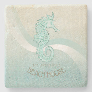 Beach House Seahorse Aqua Blue ID623 Stone Coaster