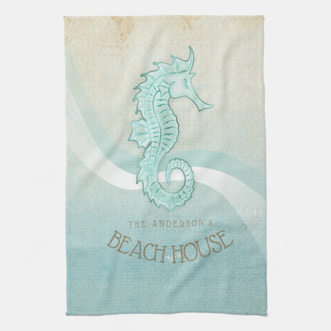 Beach House Seahorse Aqua Blue ID623 Tea Towel (Vertical)