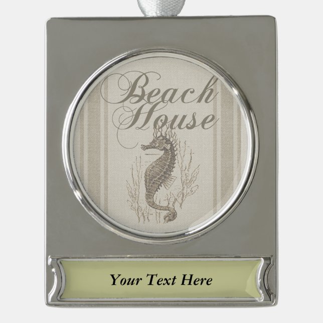 Beach House Seahorse Seashore Silver Plated Banner Ornament (Front)