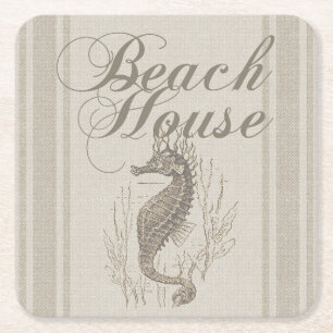 Beach House Seahorse Seashore Square Paper Coaster