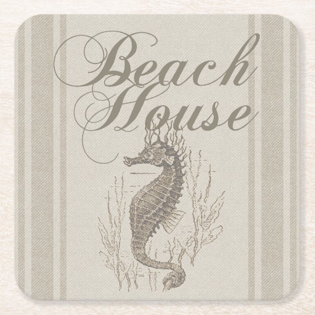 Beach House Seahorse Seashore Square Paper Coaster (Front)
