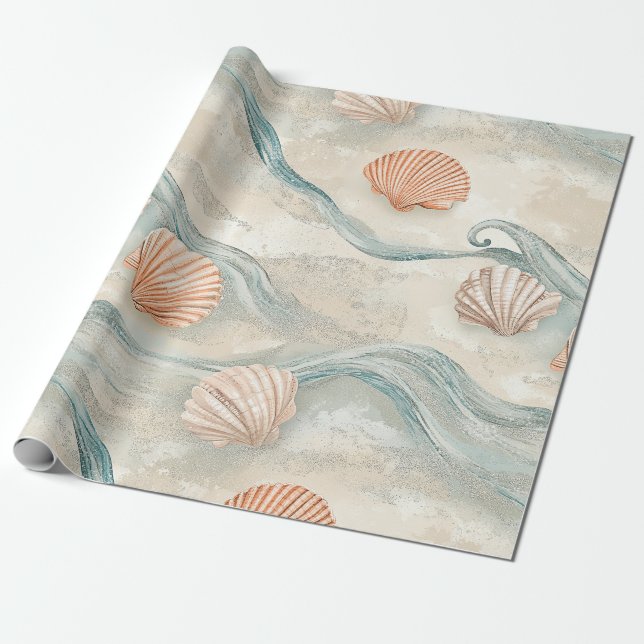 Beach House Seashell Pattern Wrapping Paper (Unrolled)