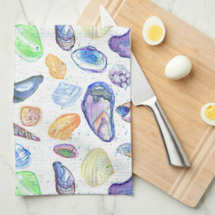 Beach House Seashells Clam Oyster Tea Towel