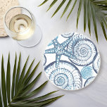 Beach House Starfish Shell Blue White Coaster<br><div class="desc">A Striking Modern Coastal Starfish and Spiral Sea Shells Blue and White Sandstone Coaster. This design features the a beautiful design inspired by the spiral patterns shells and starfish of the ocean. The design on this drink coaster was created into this design by Totally Coast designer, Jillee K. Please feel...</div>