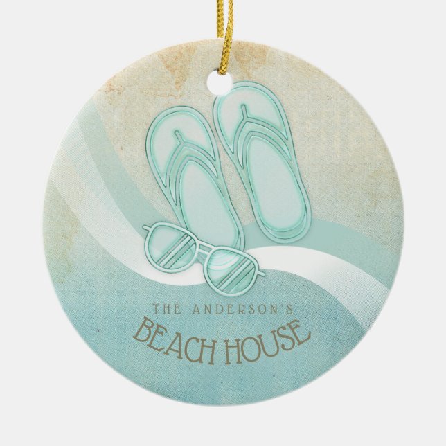 Beach House Sunglasses and Flip Flops Aqua ID623 Ceramic Ornament (Front)
