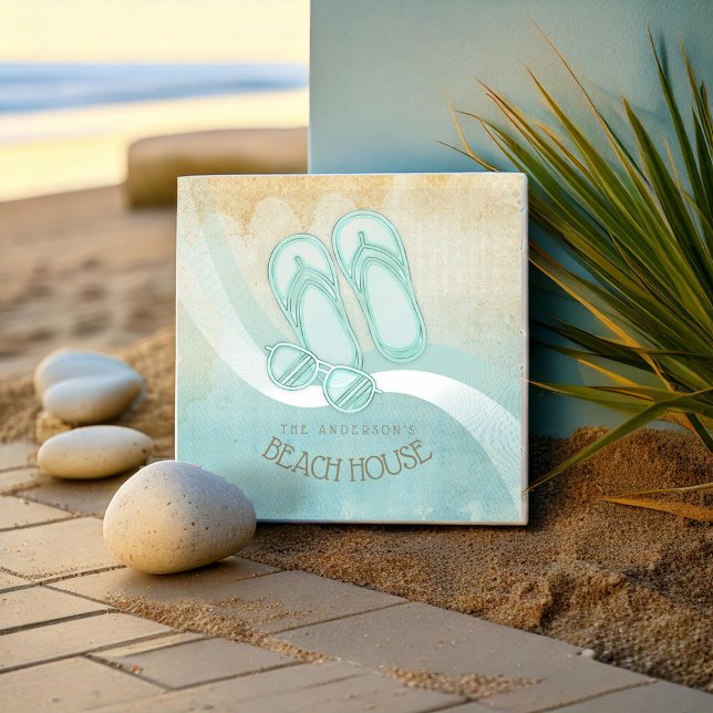 Beach House Sunglasses and Flip Flops Aqua ID623 Ceramic Tile (Creator Uploaded)