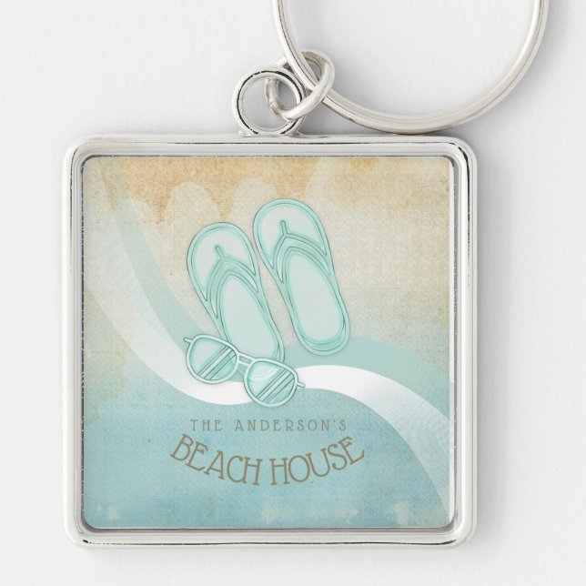 Beach House Sunglasses and Flip Flops Aqua ID623 Key Ring (Front)