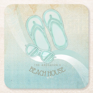 Beach House Sunglasses and Flip Flops Aqua ID623 Square Paper Coaster