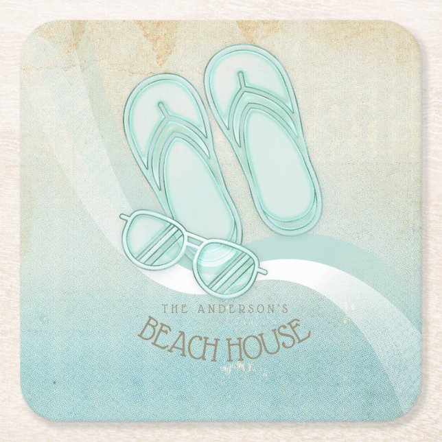 Beach House Sunglasses and Flip Flops Aqua ID623 Square Paper Coaster (Front)