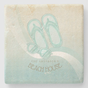 Beach House Sunglasses and Flip Flops Aqua ID623 Stone Coaster