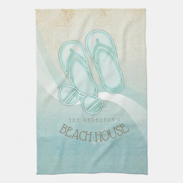 Beach House Sunglasses and Flip Flops Aqua ID623 Tea Towel (Vertical)