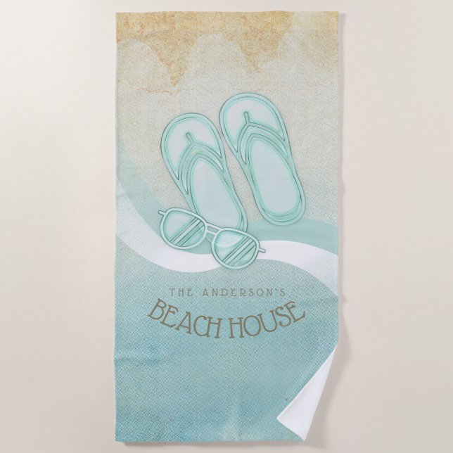 Beach House Sunglasses and Flip Flops Aqua ID623 Towel (Front)