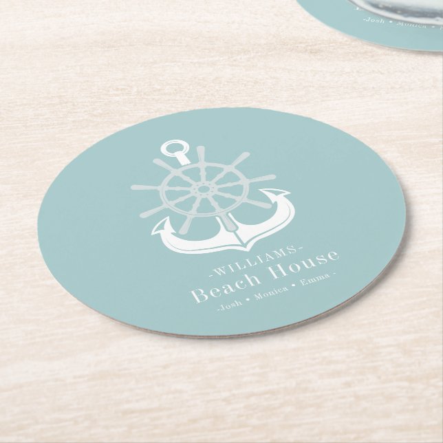 Beach House Teal Family Name Anchor Round Paper Coaster (Angled)