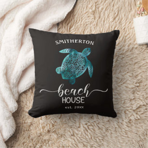 Beach House Turquoise Turtle Black Name Family Cushion