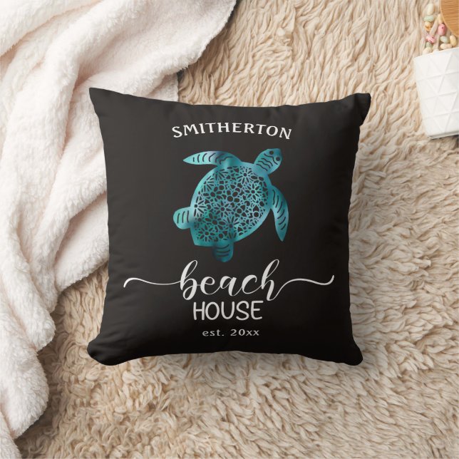 Beach House Turquoise Turtle Black Name Family  Cushion (Blanket)