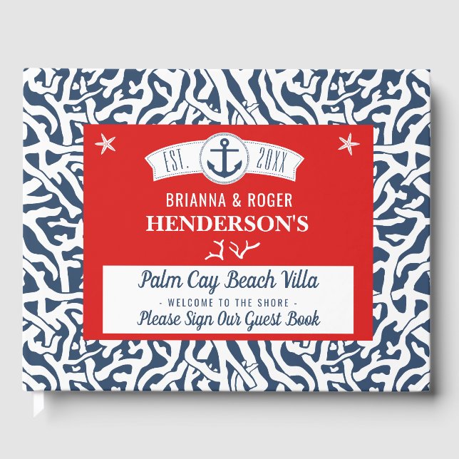 Beach House Vacation Rental Nautical Coral Pattern Guest Book (Front)