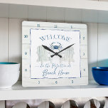 Beach House Watercolor Adirondack Chair Crab Name  Square Wall Clock<br><div class="desc">Personalised with your family name or message in a fun script handwriting font.  Watercolor blue crab and cottage white wood border as well as a pair of Adirondack chairs were created by internationally licensed artist and designer,  Audrey Jeanne Roberts,  copyright.</div>
