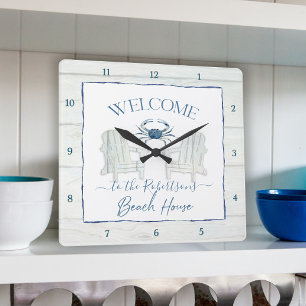 Beach House Watercolor Adirondack Chair Crab Name  Square Wall Clock