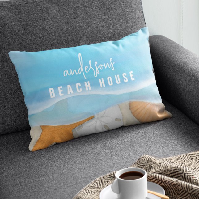 Beach House Watercolor Ocean Custom Lumbar Cushion (Creator Uploaded)
