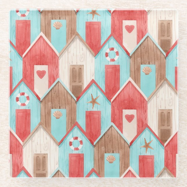 Beach house watercolor: retro pattern. glass coaster (Front)