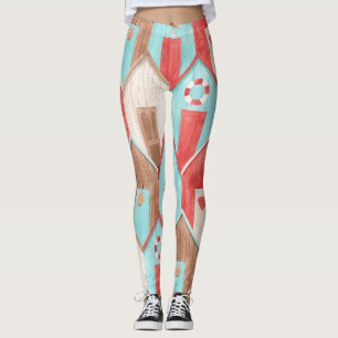 Beach house watercolor: retro pattern. leggings