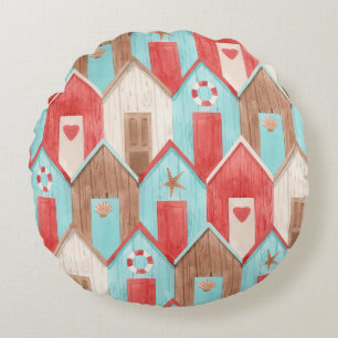 Beach house watercolor: retro pattern. round cushion