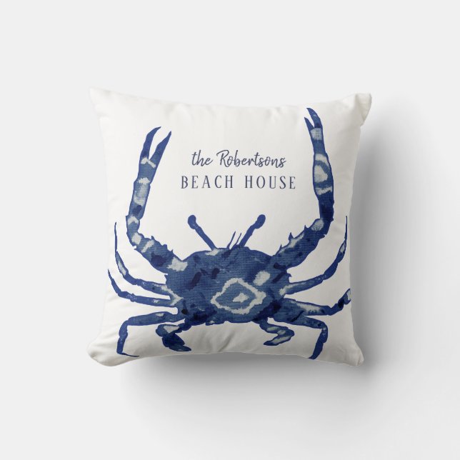 Beach House Welcome Name Shibori Blue Crab Diamond Cushion (Front)