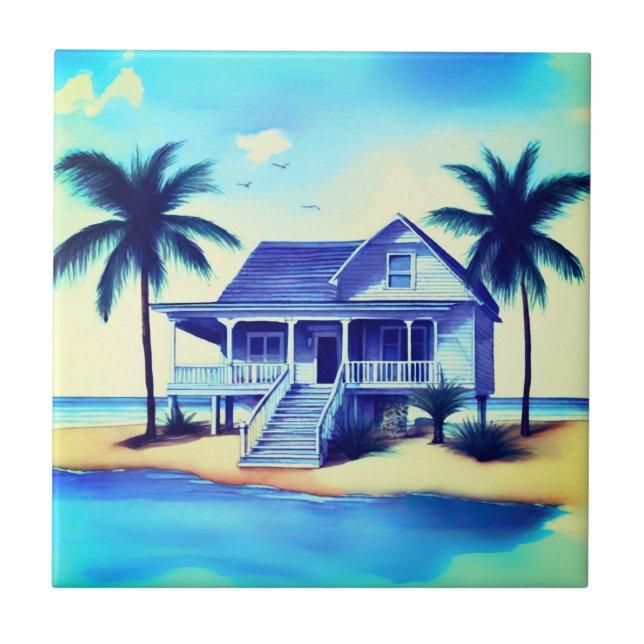 Beach House with Palm Trees Ceramic Tile (Front)