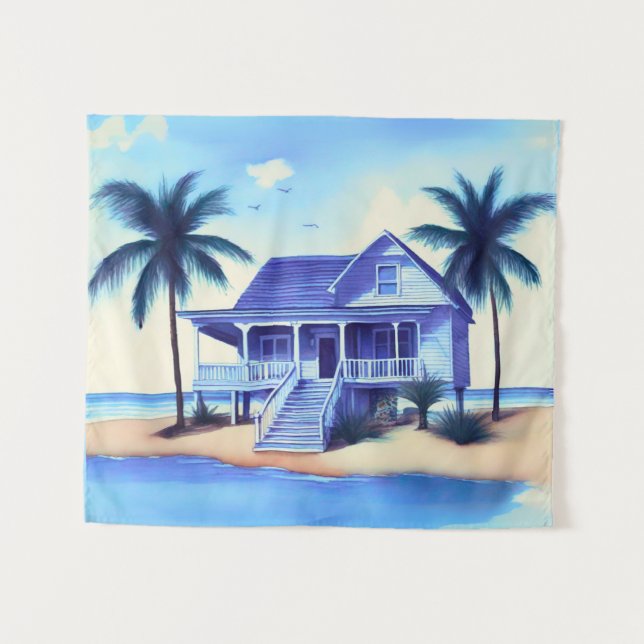 Beach House with Palm Trees Tapestry (Front (Horizontal))