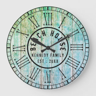 Beach House Wood Planks Black Roman Numeral Large Clock