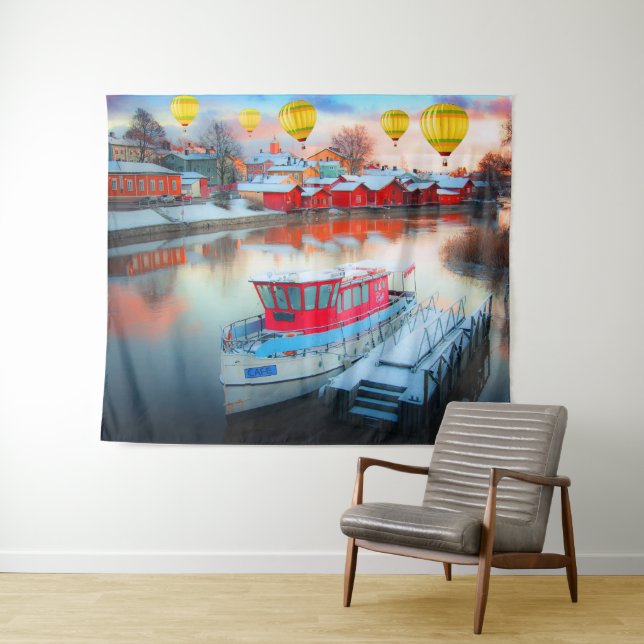 Beach Houses (Marine Life) Modern Seaside Scene Tapestry (In Situ (Horizontal))