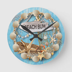 Beach Hut/Beach House Clock, Beach Bum Round Clock