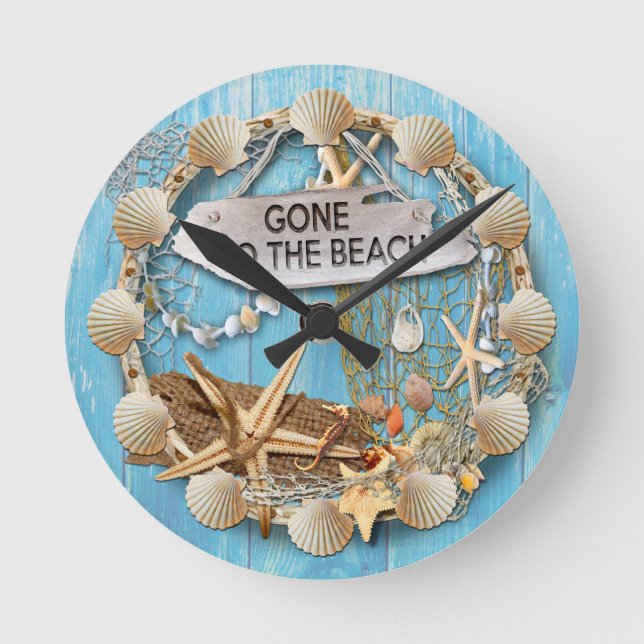 Beach Hut/Beach House Clock, Gone To the Beach Round Clock (Front)