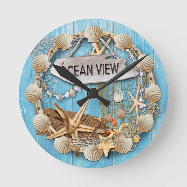 Beach Hut/Beach House Clock, Ocean View Round Clock (Front)