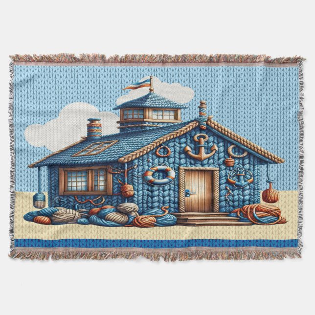 Beach Hut KNIT IMAGE  Throw Blanket (Front)