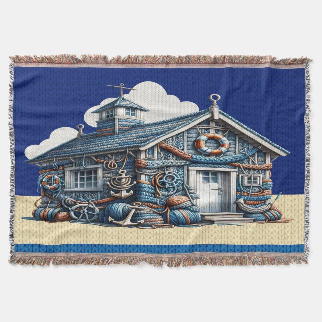 Beach Hut KNIT IMAGE  Throw Blanket (Front)