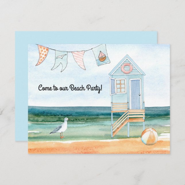 Beach Hut Seagull and Beach Ball Party Announcement (Front/Back)