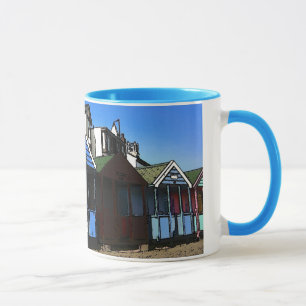 Beach huts and blue skies english seaside photo mug
