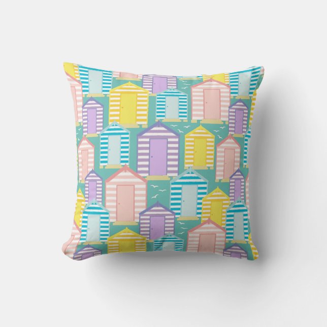 Beach Huts and Seagulls Pattern on Teal Blue Cushion (Front)