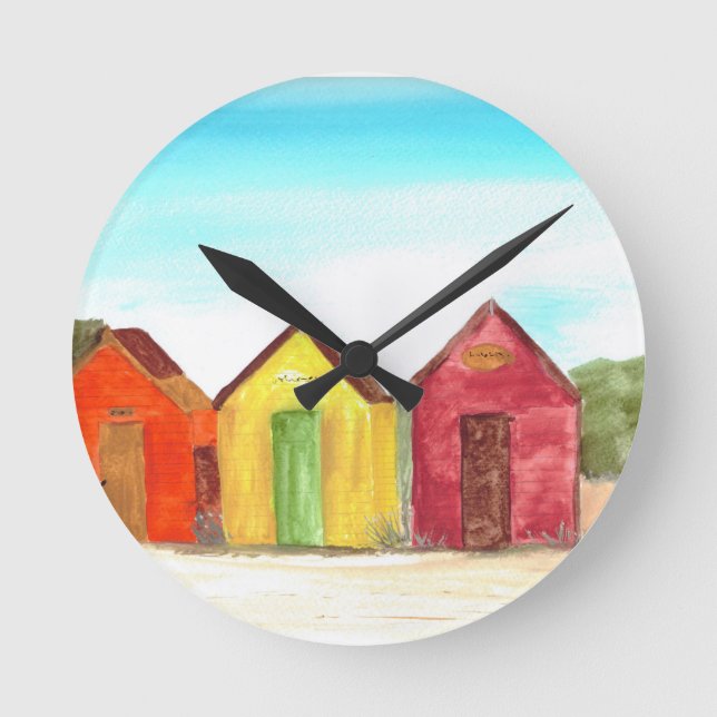 Beach huts beach seaside watercolor colorful  round clock (Front)