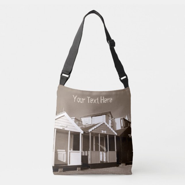 Beach huts blue skies english sepia seaside photo crossbody bag (Front)