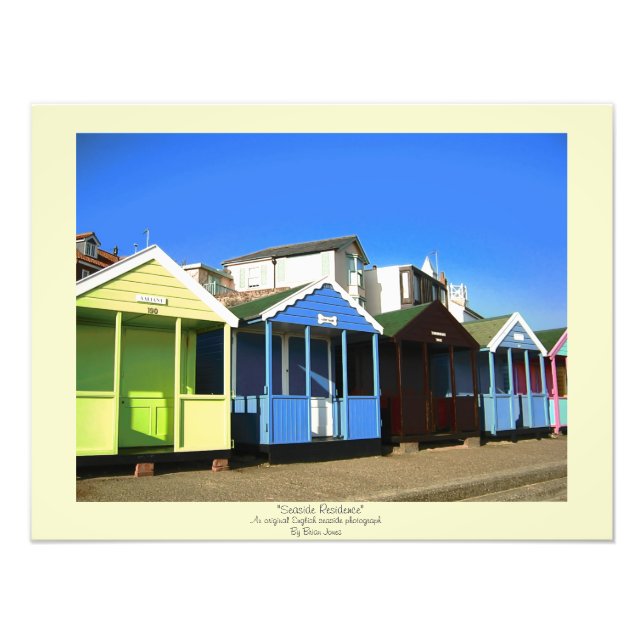 Beach huts blue skies sand english seaside photo (Front)