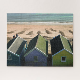 Beach huts blue skies sand english seaside photo jigsaw puzzle