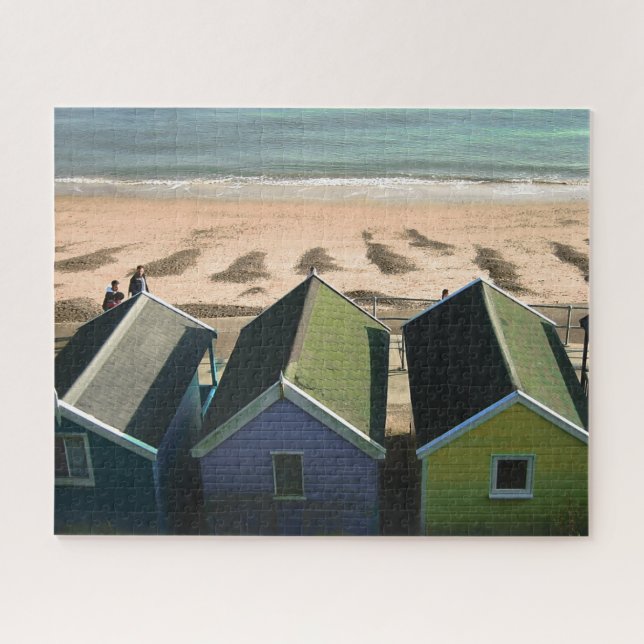 Beach huts blue skies sand english seaside photo jigsaw puzzle (Horizontal)